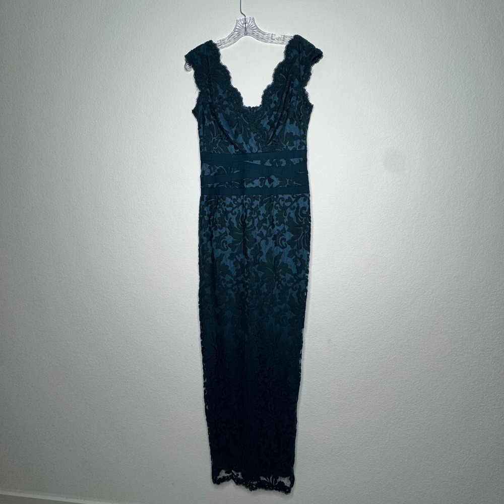 Tadashi Shoji Teal Floral Lace V-Neck Gown Pintuck‎ Waist Maxi Dress Size 10